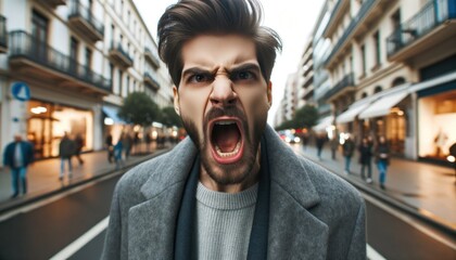 Angry man shouting on a blurred city street background during the day - obrazy, fototapety, plakaty