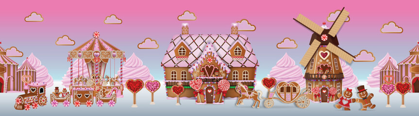 valentine seamless gingerbread landscape. valentine's day seamless border with candies and cookies