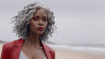 Striking portrait of an African American woman with silver curls, exuding confidence and tranquillity on a serene beach. 