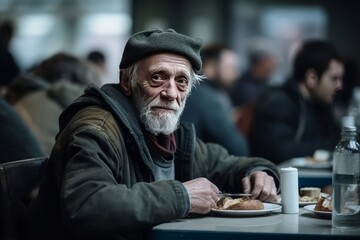 Positive homeless white silver haired old man sitting at a table at a charity dinner in a shelter