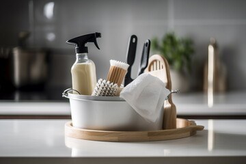 Fototapeta na wymiar Bucket cleaning items. Clean equipment supplies chemical domestic. Generate Ai
