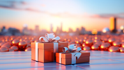 Orange gift box with a silver ribbon, standing out in a sea of presents at dusk