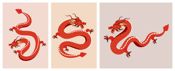 Obraz premium Red Dragon illustrations collection. Chinese new year 2024 year of the dragon - red traditional Chinese designs with dragons. Lunar new year concept, modern design