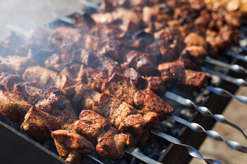 Marinated shish kebab, shashlik is cooked on a barbecue grill on coals