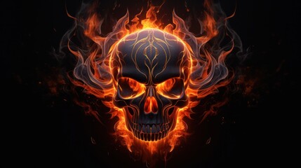 A Spectacular Generative AI Illustration Displaying a Badass Human Skull on Black Background in Fiery Blaze