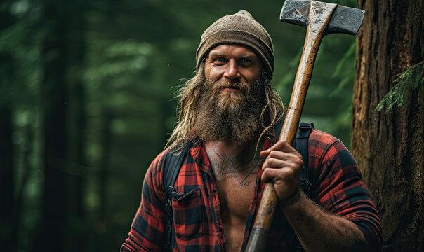Portrait of viking style lumberjack with beard holding some axe in the amazing forest