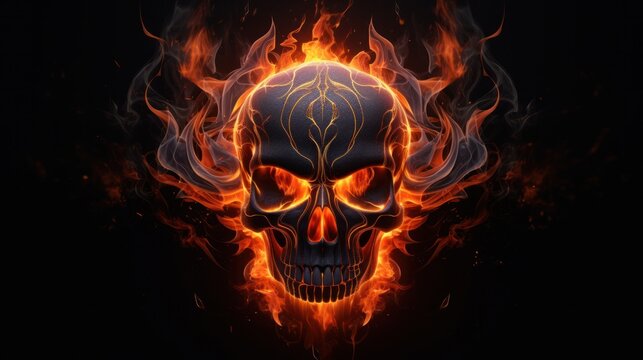 A Spectacular Generative AI Illustration Displaying a Badass Human Skull on Black Background in Fiery Blaze