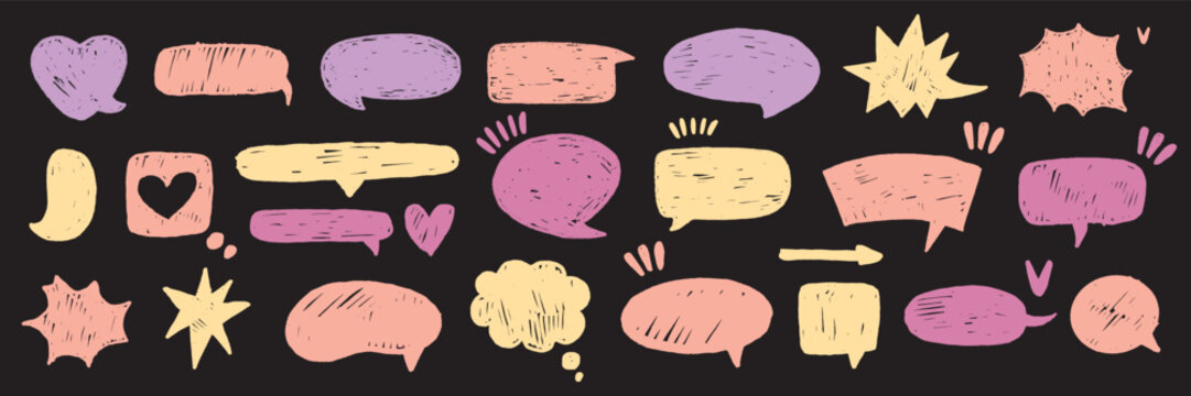 Speech bubble vector set, texture doodle comic talk balloon kit, hand drawn crayon cloud message. Speak sign color dialog communication frame, hearts, arrow. Chalk marker speech bubble drawing box