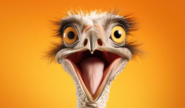 Studio Portrait of Funny and Excited Ostrich on Orange Background with Shocked or Surprised Expression and Open Mouth.
