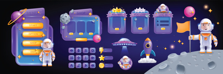 Space game UI set, vector 3D cartoon interface icon kit, galaxy user menu template, star, planet. Adventure kids mobile app frame, spaceman suit, moon, rocket launch, buttons. Space UI sci-fi banner