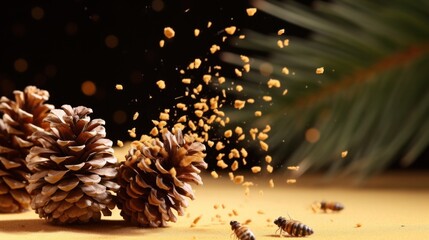 Airborne irritants, Pine cone and golden pollen granules on a sepia-toned backdrop. Allergic reaction, allergic rhinitis idea. - obrazy, fototapety, plakaty