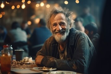 Happy homeless white silver haired old man sitting at a table at a charity dinner in a shelter - Powered by Adobe