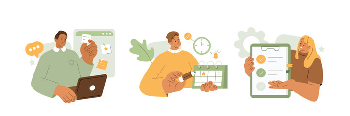 Schedule management, business and organization concept illustration. Collection of characters planning and organizing work tasks, making calendar appointment and to do list. Vector illustrations set.
