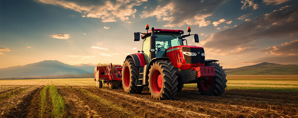 The tractor works the soil in the field with amazing background