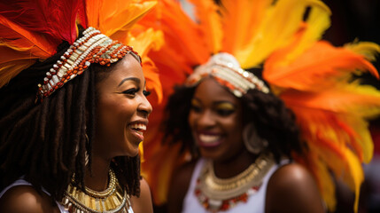 Joyful dancers in feathered headdresses moving to the beat of the drumline at the Toronto Caribbean...