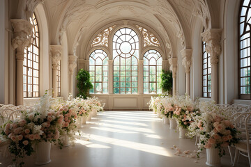 Generative AI - The hall decorated with flowers ready for the wedding ceremony - obrazy, fototapety, plakaty