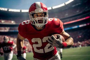 Portrait american football in action. American football player running on the pitch. Generative AI