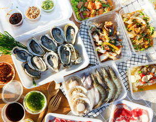 Grilled food set salad. Seafood. as a takeaway