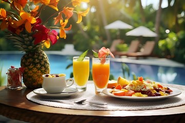 Colorful tropical breakfast on table in poolside restaurant