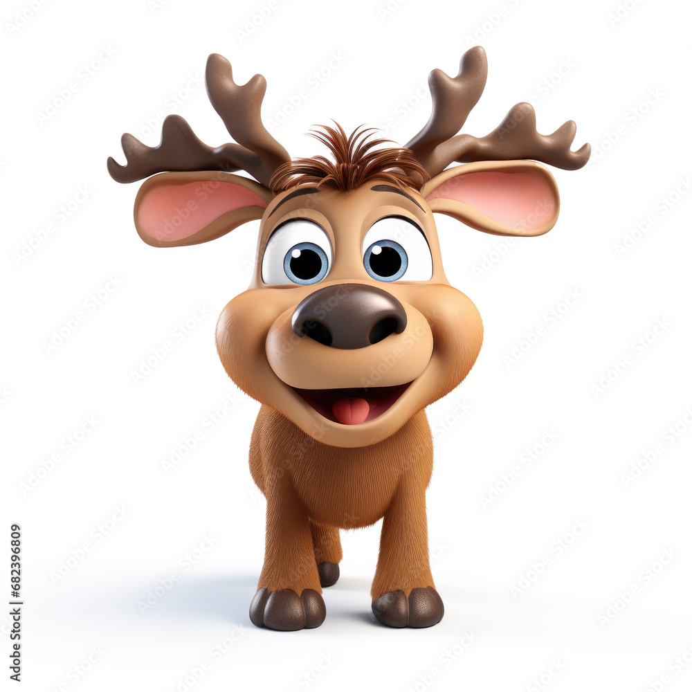 Sticker Cute Cartoon Moose Isolated on a White Background