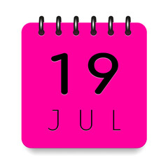 19 day of the month. July. Pink calendar daily icon. Black letters. Date day week Sunday, Monday, Tuesday, Wednesday, Thursday, Friday, Saturday. Cut paper. White background. Vector illustration.