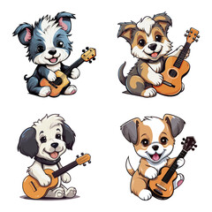 Obraz premium Cute puppy dog with guitar cartoon character vector illustration