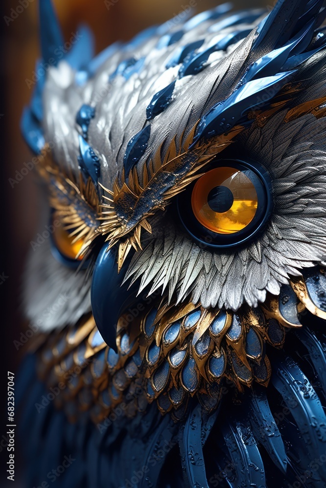 Wall mural An owl with blue eyes and gold feathers, AI