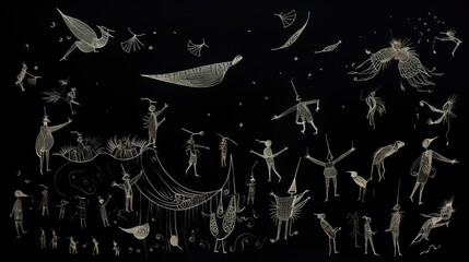 Drawings flying in the air, solid black background