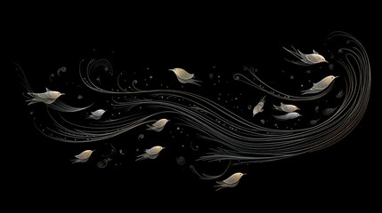 Drawings flying in the air, solid black background - obrazy, fototapety, plakaty