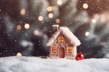 Christmas Toy house is wrapped in a warm scarf, it's snowing.on a natural natural background of a real fir in the snow, toned. Concept of winter, Christmas, new year,.warm, cozy, loving, protecting .