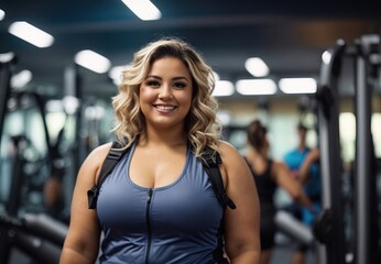 Fototapeta premium Fat white women wearing gym costume, healthy live, gym tools on the background