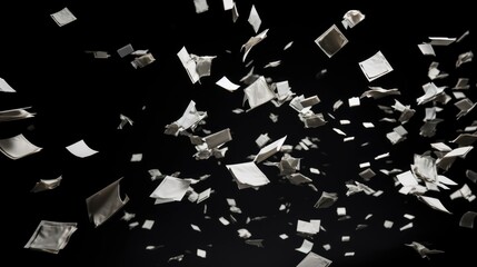 Pieces of paper garbage flying in the air, solid black background