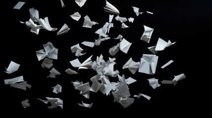 Pieces of paper garbage flying in the air, solid black background - obrazy, fototapety, plakaty