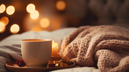 Cozy Christmas Background with Blankets, Hot Cocoa, and Warm Lights - Inviting Winter Comfort.