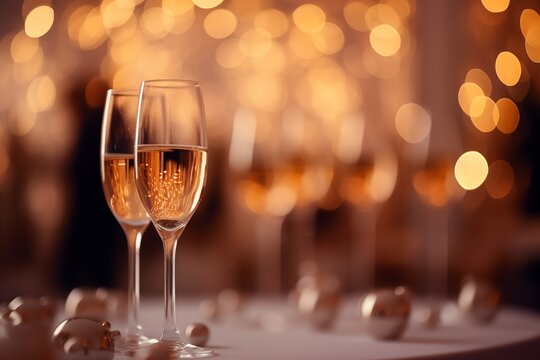 Two glasses of champagne against a gorgeous gold backdrop. Stylish, toned photo. Secular reception, new year, wedding. Space for text