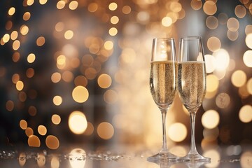 Two glasses of champagne against a gorgeous gold backdrop. Stylish, toned photo. Secular reception, new year, wedding. Space for text