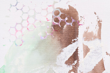 Multicolor abstract background, watercolor paint honeycomb pattern on white paper, drawing poster