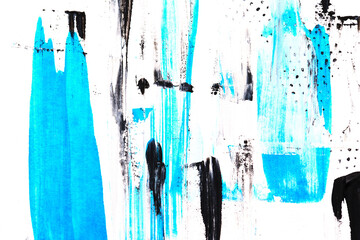 Abstract background, watercolor paint blots and stains on white paper, blue ink
