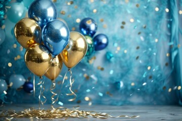 Realistic Festive background with bright flying helium gold and blue balloons with falling confetti blurry blue background.
