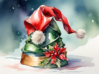 Watercolor Christmas hat Illustration. This image is perfect for christmas cards or invitations. A winter holiday hat in watercolor art with red and green colors

