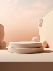 Fototapeta na wymiar Minimal scene mockup with stone product podium with copy space for social media . Pastel cream and beige colors 3d rendering scene, copy space, generative ai