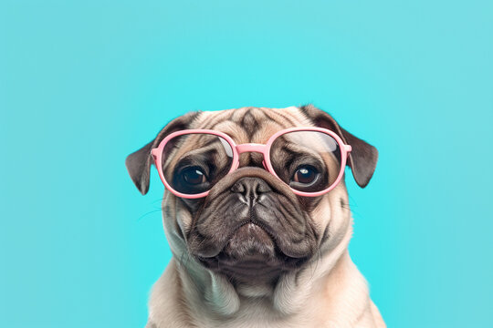Cute Pug dog with sunglasses on teal bluel background