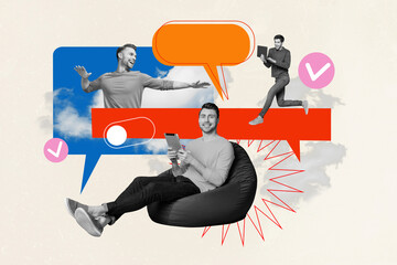 Creative abstract collage of energetic team working communication startup speech bubble surrealism...