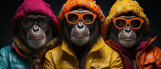 Modeaffin: Schicke Schimpansen in bunten Gewändern und Accessoires - obrazy, fototapety, plakaty