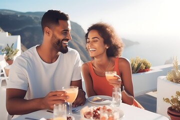 Happy african young couple eating and drinking in Santorini