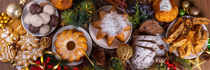 Variety christmas dessert and baked pastry - obrazy, fototapety, plakaty