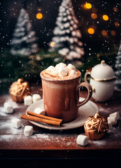 Mug of hot chocolate with marshmallows on the top. Cinnamon sticks, Christmas cupcakes and snowflakes. Generative AI 