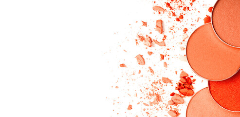 Pink Blusher and Face Powder. Shimmering bright palette of Face Cosmetics Make up. Craked texture...