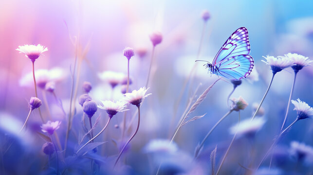 Vivid depiction of wildflowers and a delicate butterfly in hues of purple and blue, showcasing a serene and enchanting natural scene