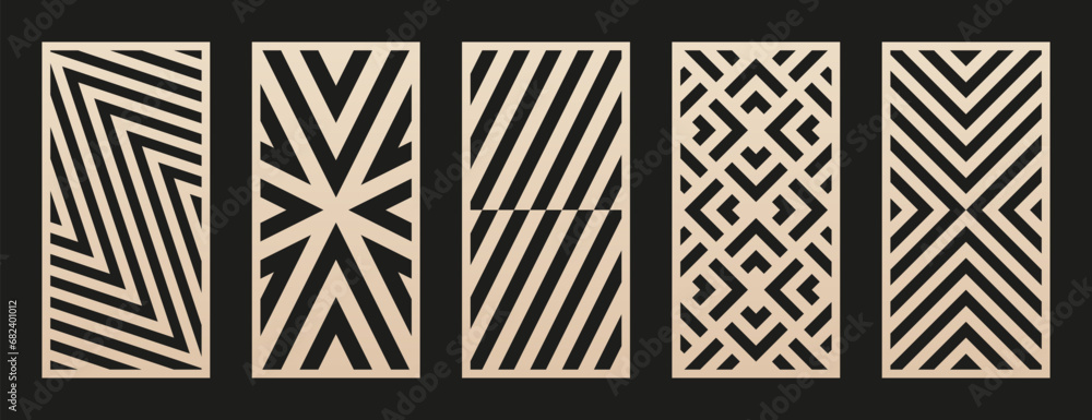 Aufkleber Laser cut patterns set. Vector collection of CNC cutting templates with abstract geometric ornament, grid, lines, chevron. Decorative stencil for laser cut of wood, metal, plastic. Aspect ratio 1:2